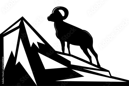  Silhouette of a mountain sheep in the mountains. The concept for the ram logo