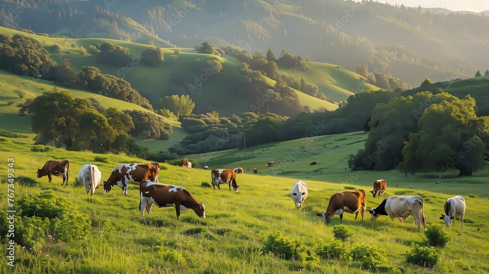 Cows grazing on a plain - obrazy, fototapety, plakaty 