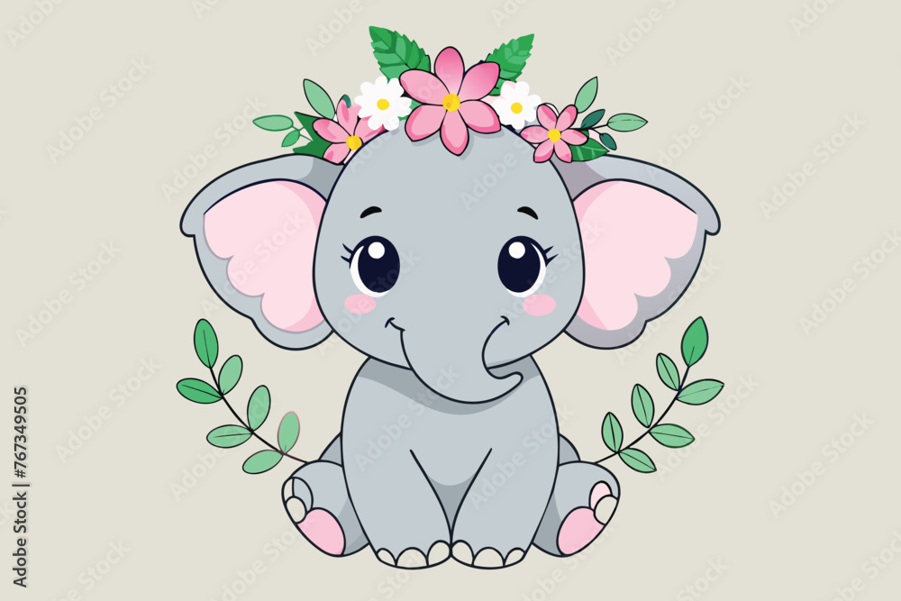 Cute baby elephant with wreath of pink flowers vector illustration