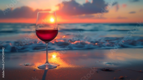A glass of red wine on a beach