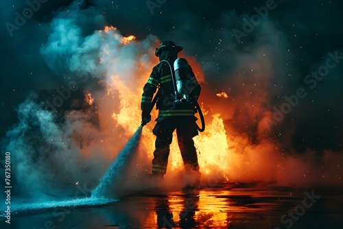 Firefighter training a fireman using a water extinguisher to fight flames in an emergency situation. Concept Firefighter training, Fireman, Water extinguisher, Emergency situation, Flames