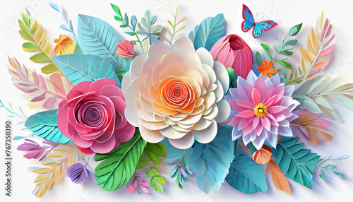 3d render, abstract cut paper flowers. © Delly