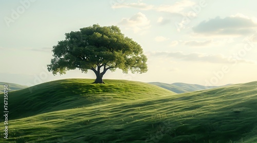 A green tree on a grassy hill photo
