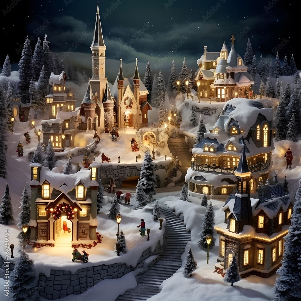Fairytale town in the snow at night. 3d rendering