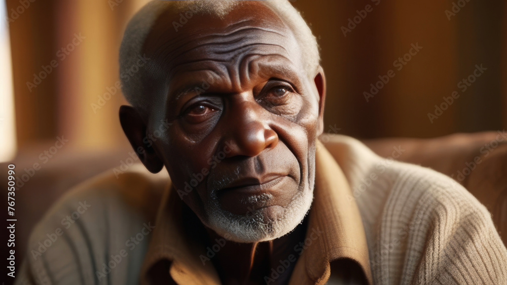 Portrait of confident black elderly grandfather. Senior ethnic man with grey afro hair at home Portrait of confident black elderly grandfather. Senior ethnic man with grey afro hair at home