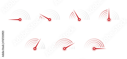 set of semicircular indicators on white background. seven steps speedometer. dial concept for business, sports, education world