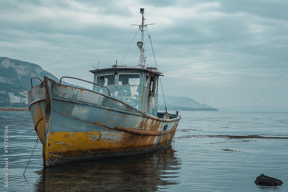 Rusting Boat Adrift in Open Ocean