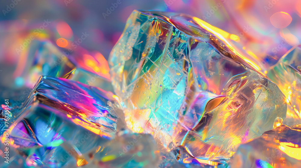 Fundo de cristais de gelo iluminado por várias cores em tons de luz neon. Uma cena deslumbrante e vibrante para seus projetos criativos - obrazy, fototapety, plakaty 