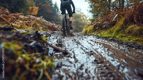 A cyclist tackling a steep muddy incline on a mountain bike.