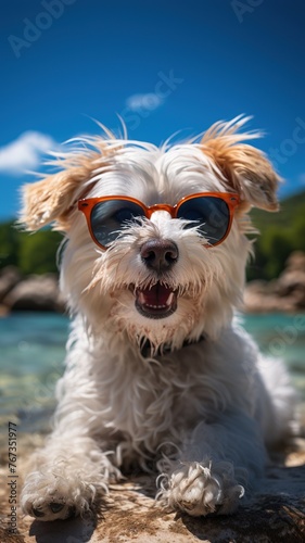 A dog wearing sunglasses is laying on a rock by the water © Elena