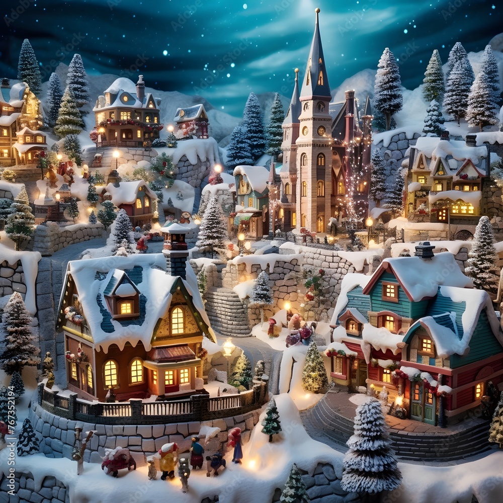 Miniature Christmas village with trees and houses in the snow at night