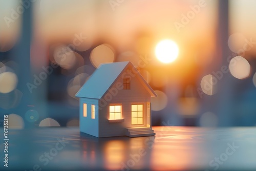 D Render of a Small House Model on a Table with a Blurred Background, Illustrating a Futuristic Business Concept. Concept 3D Rendering, Small House Model, Table Setup, Blurred Background