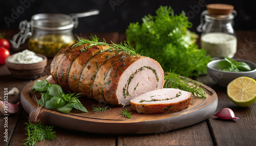 Turkey roulade with herbs on wooden table. Tasty dish. Delicious food.