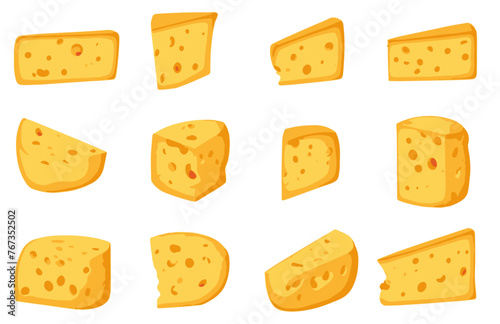 Set of Swiss cheese or emmental cheese icons isolated on white background, vector illustration