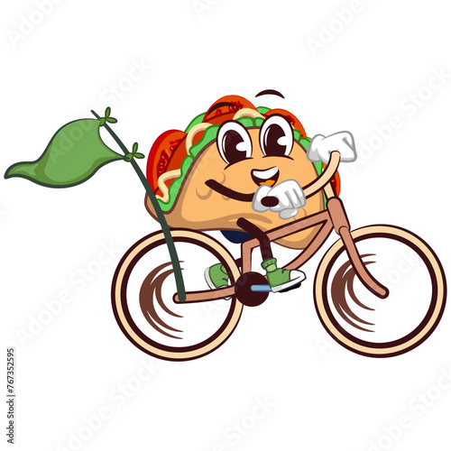 cute taco mascot character emoticon cycling, cute taco mascot