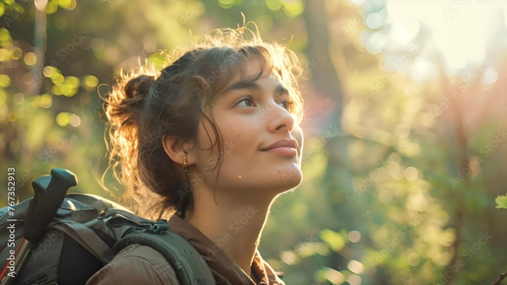 Gen-z young female Caucasian brunette with the sun glinting off her hair wearing a backpack out for a hike on a winter day in the mountains Gen-z young female Caucasian brunette with the sun glinting off her hair wearing a backpack out for a hike on a winter day in the mountains