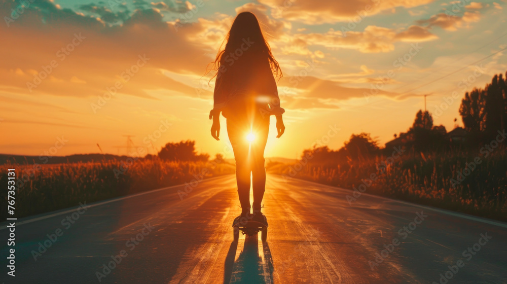 The silhouette of a young woman riding a skateboard on the road, the bright light of the sun. - obrazy, fototapety, plakaty 