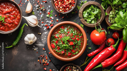 Prato de chili mexicano, uma delícia visualmente impactante, composto por uma variedade de ingredientes onde o destaque é a pimenta photo