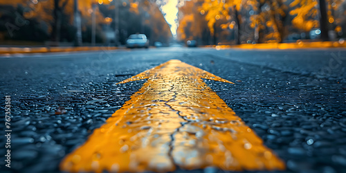 Yellow painted arrow on asphalt on street, start, continue