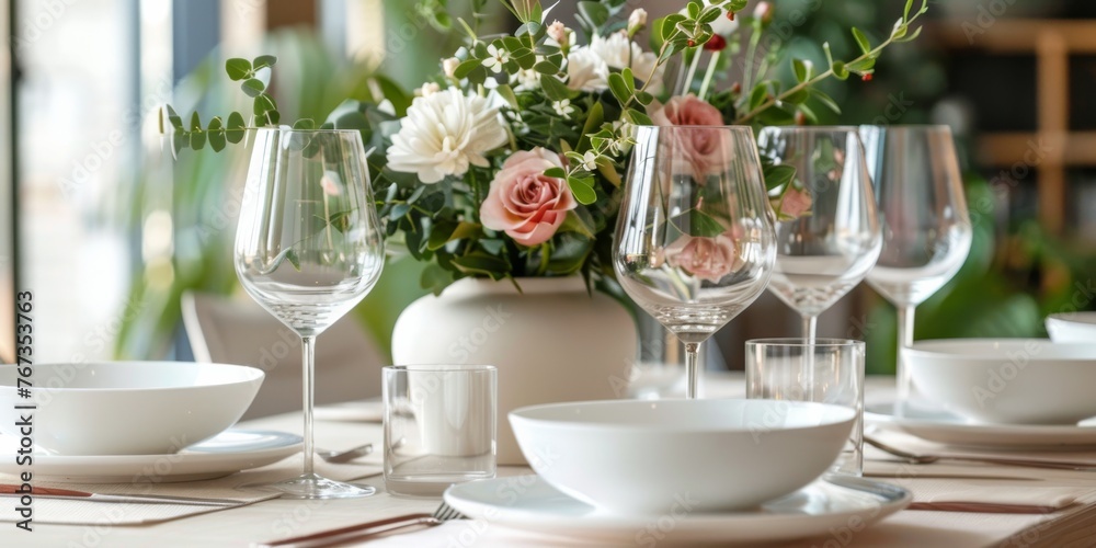 A table elegantly set for a formal dinner, featuring a vase with beautiful flowers A table elegantly set for a formal dinner, featuring a vase with beautiful flowers
