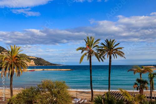 Palm trees on a beach of Mediterranean sea. Summer vacation concept © olyasolodenko