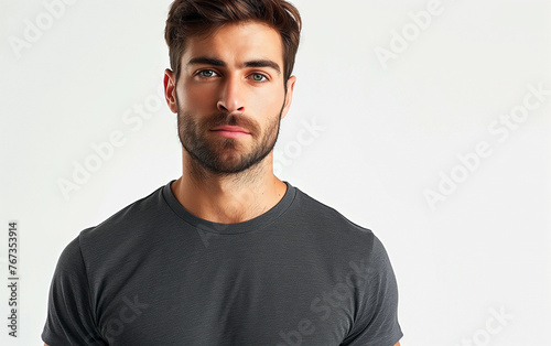 A handsome man in dark heather gray tee: minimalist elegance on white background 