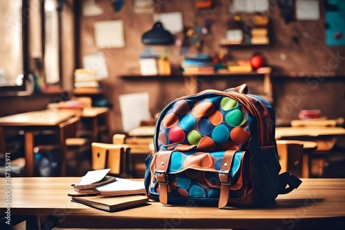 school bag on the table background blur
