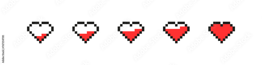 Pixel heart set. Health points vector pixelated icons. Pixel heart set. Health points vector pixelated icons.