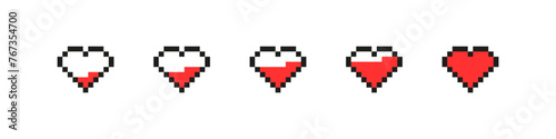 Pixel heart set. Health points vector pixelated icons.
