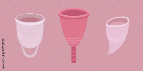 Flat image of three different menstrual cups in shades of pink on a grey and pink background.