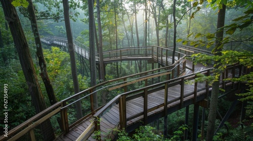 Wooden Walkway Amidst Forest Trunks