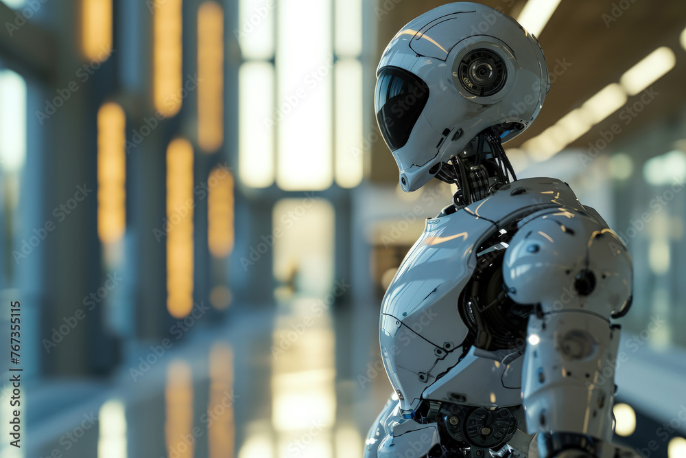 Humanoid Robot in Modern Office, Concept of Human and Robot Teamwork