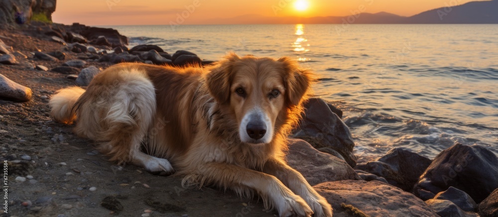 A carnivorous dog breed is peacefully lying on the beach at sunset, enjoying the natural landscape and horizon with the sky reflecting on the water, making a beautiful companion dog in nature A carnivorous dog breed is peacefully lying on the beach at sunset, enjoying the natural landscape and horizon with the sky reflecting on the water, making a beautiful companion dog in nature