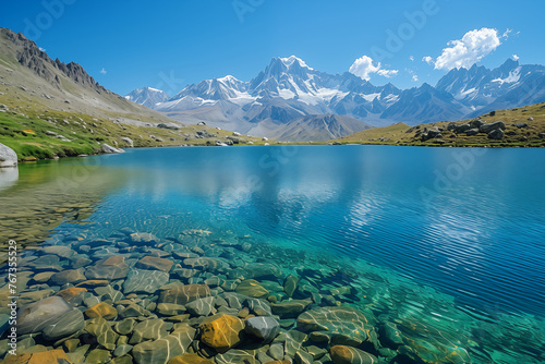 Amazing landscape of mountain lake with clear water as you can see the rocks and hills with green spring grass