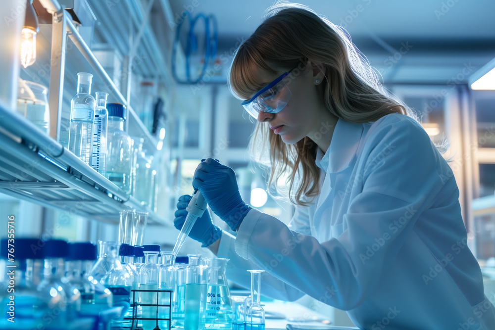 Female scientist conducting research in a lab with test tubes and pipette.