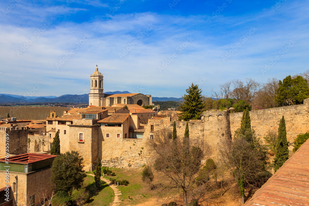 Panoramic view of Girona viewed from the medieval city walls, Catalonia, Spain