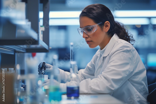 Female scientist concentrating on research in a modern laboratory, suitable for science and technology themes.