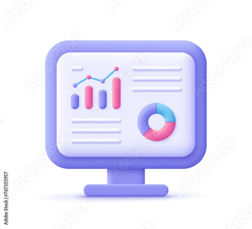 Computer display screen with diagram, charts and graph. Data analysis, dashboard SEO and business finance investment report. 3d vector icon. Cartoon minimal style.