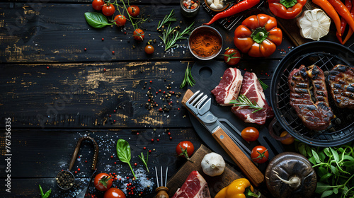 A festive summer BBQ flat lay with grilling tools various meats vegetables and spices on a dark wooden plank background.