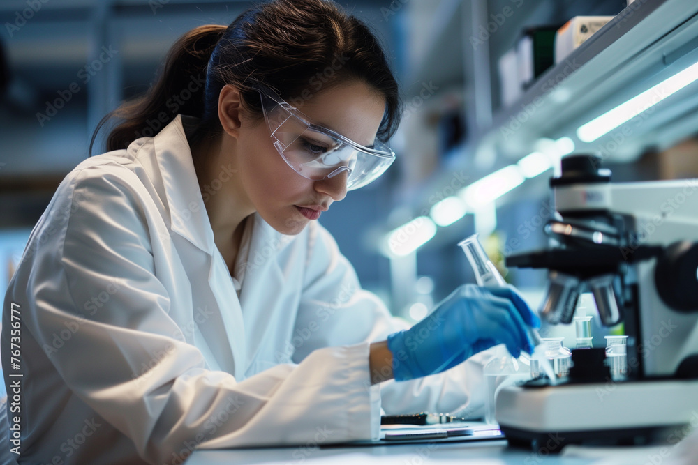 Professional female scientist conducting research in a lab. Professional female scientist conducting research in a lab.