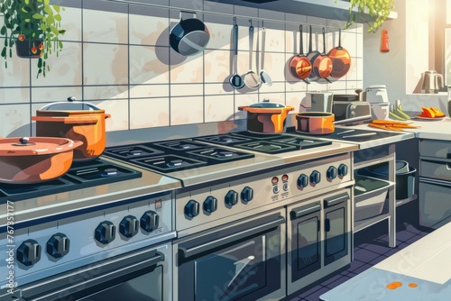 Painting of a Kitchen With Pots and Pans on the Stove