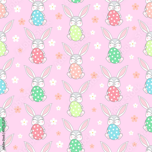Seamless pattern with bunnies holding Easter eggs on a pink background. For the design of Easter cards, backgrounds, wallpaper, fabric, wrapping paper, etc. Vector