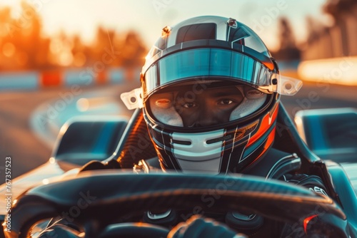 Man Wearing Helmet Driving Race Car © Vit
