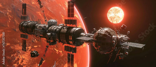 A futuristic space station peacefully orbits a glowing red dwarf star in the vast cosmos. photo