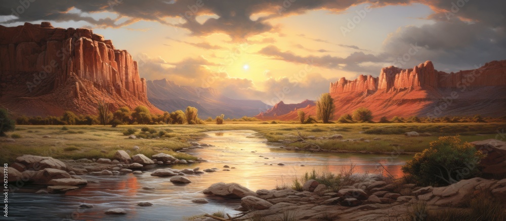 A stunning painting of a river winding through a canyon under a colorful sunset sky, with fluffy clouds adding depth to the natural landscape