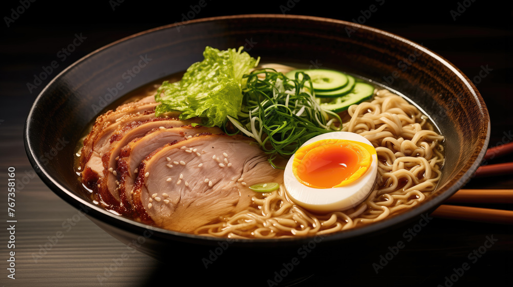 Ramen maison sur fond de bois, avec oignons verts et poulet Ramen maison sur fond de bois, avec oignons verts et poulet