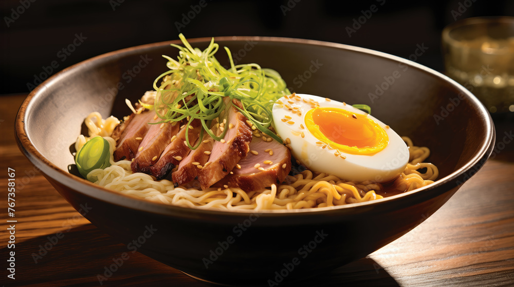 Bol de ramen aux oignons verts et poulet, parsemé de graines de sésame Bol de ramen aux oignons verts et poulet, parsemé de graines de sésame