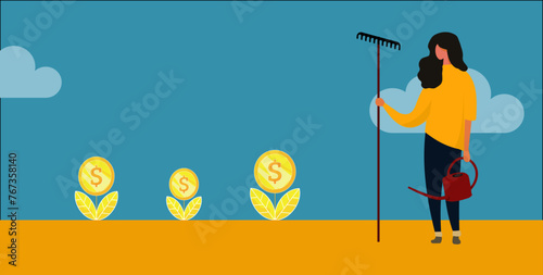 Woman farming money. Vector illustration - Investment, savings growth.