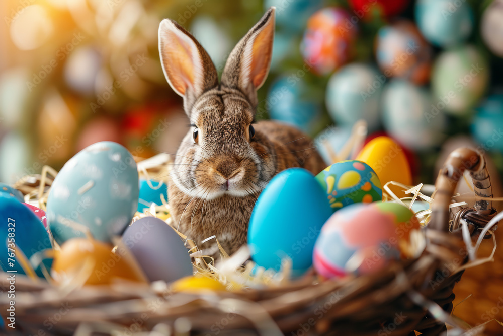 Charming Easter Bunny in Rustic Basket Scene Charming Easter Bunny in Rustic Basket Scene
