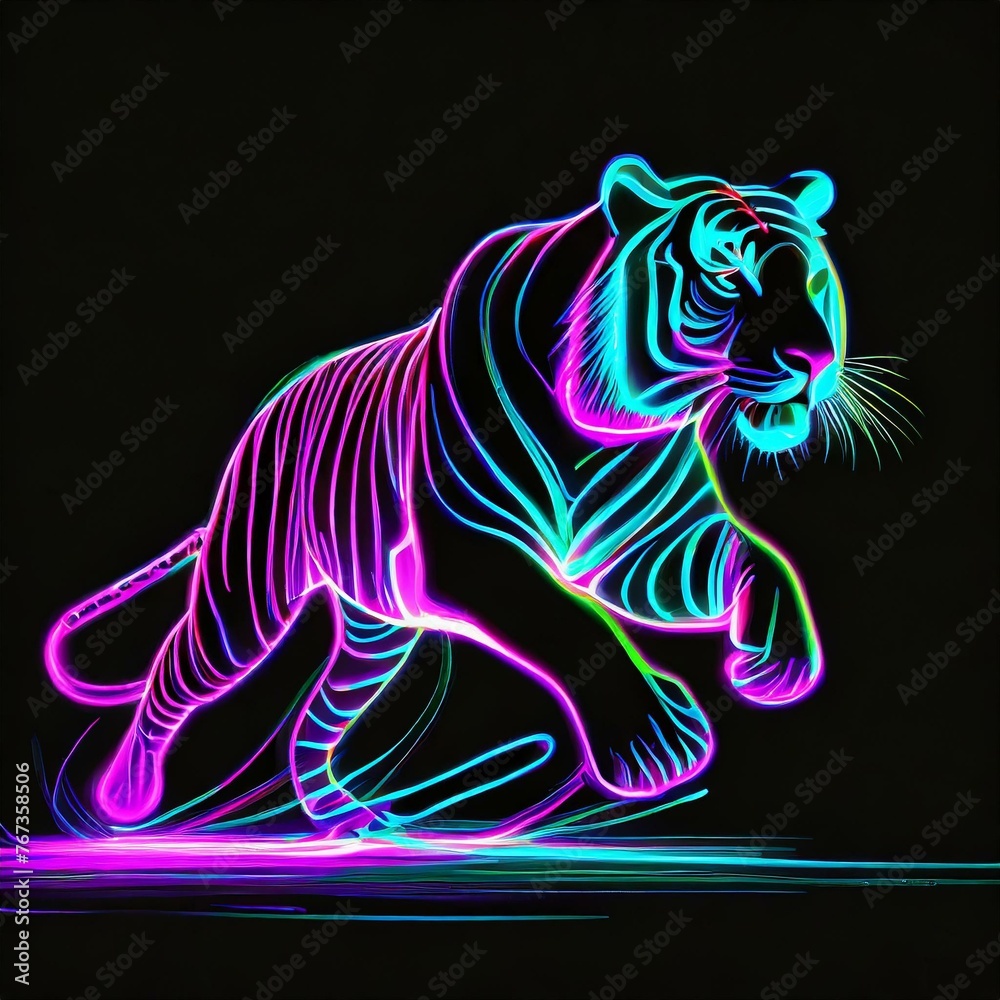 Neon outline of a moving tiger - obrazy, fototapety, plakaty 